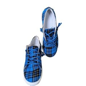 Women’s Sneakers EU 39 US 8.5 Blue Plaid Check Lace Up Frayed Edge Casual Shoes